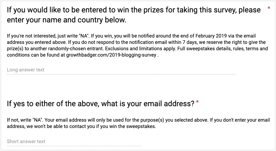 Giveaway signup survey question