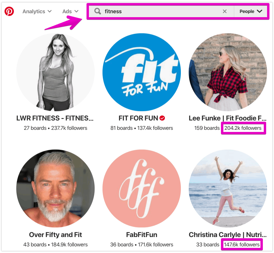 Pinterest search for 'fitness'