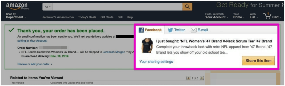 Amazon social sharing confirmation page
