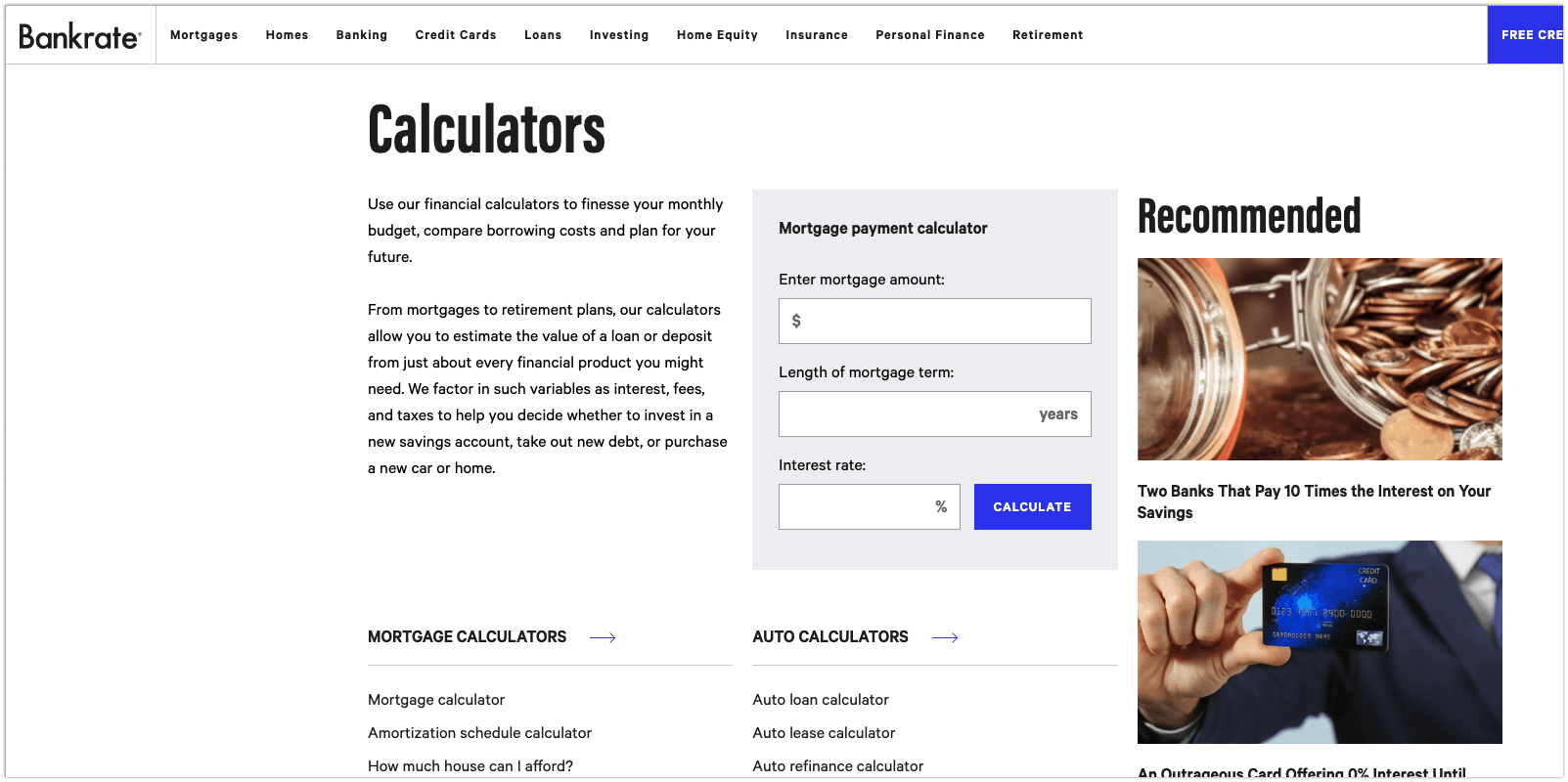 Bankrate's calculators content marketing example screenshot