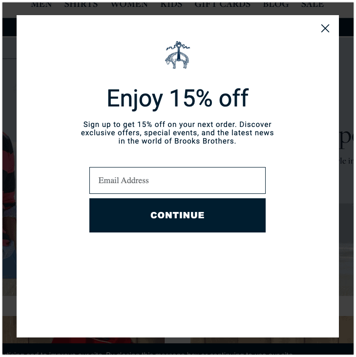 Brooks Brothers exit intent popup with discount