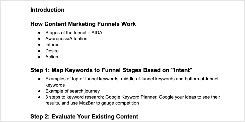 Content Marketing Funnels article outline with subpoints