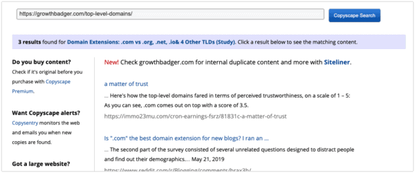 Copyscape plagiarism checker software search results