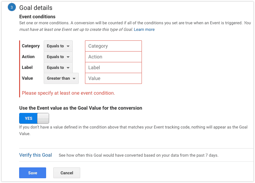 Google Analytics step 3 goal details event conditions