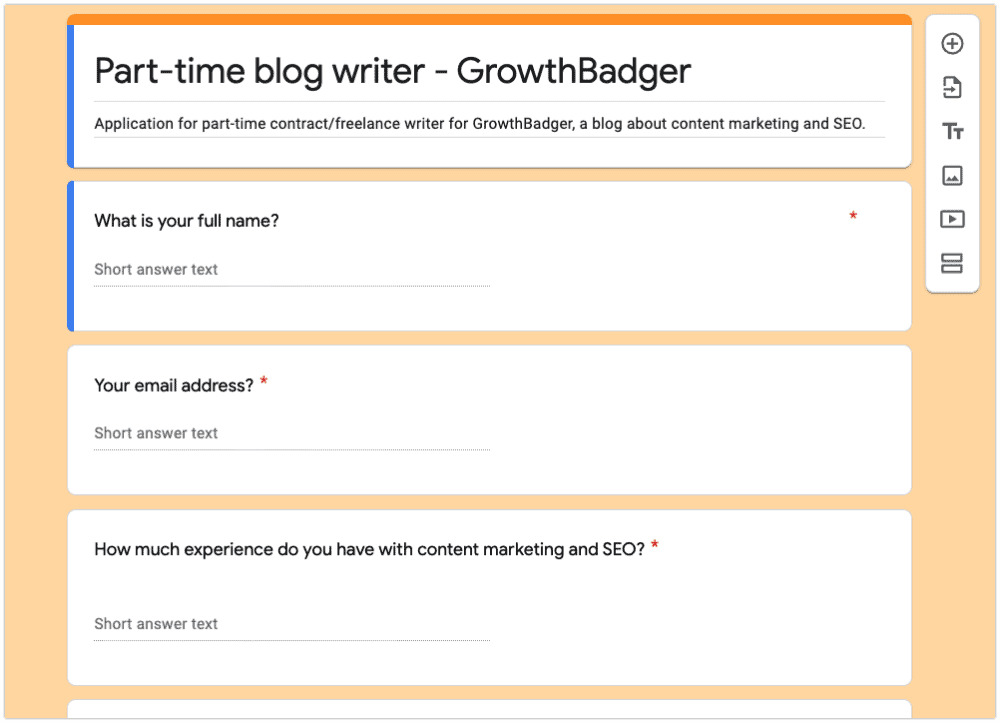Google Forms writing job application example