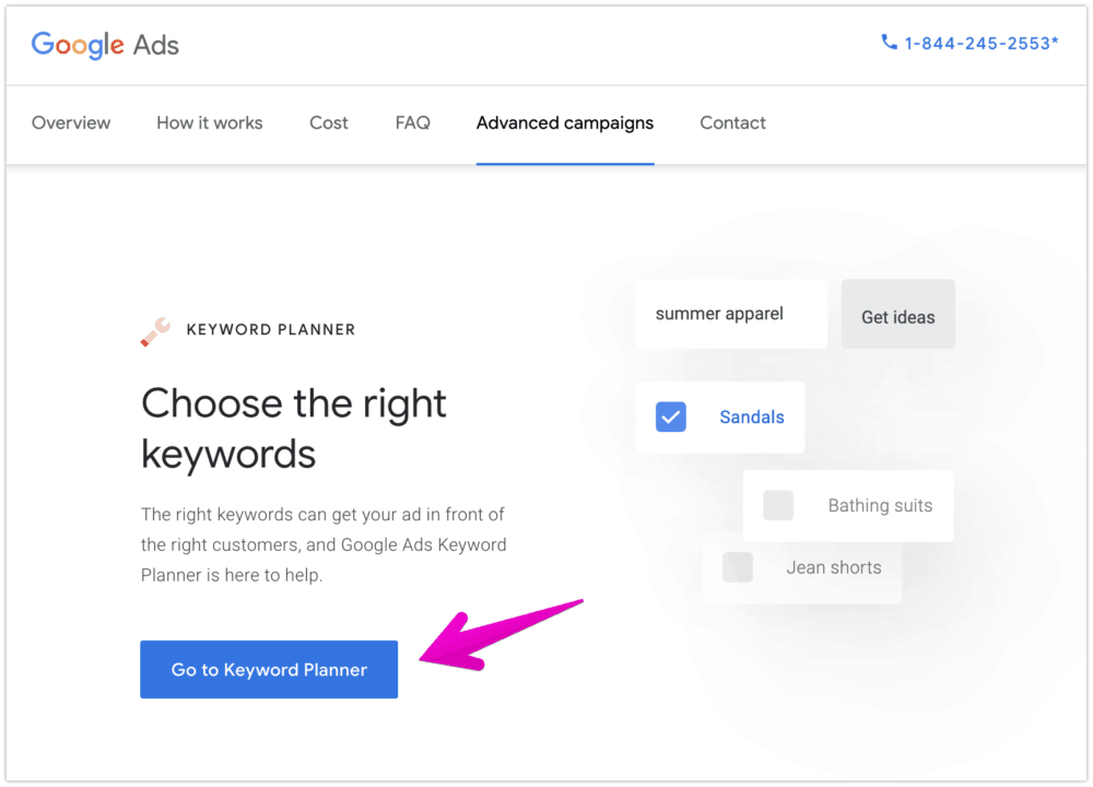 Google Keyword Planner landing page, Go to Keyword Planner button