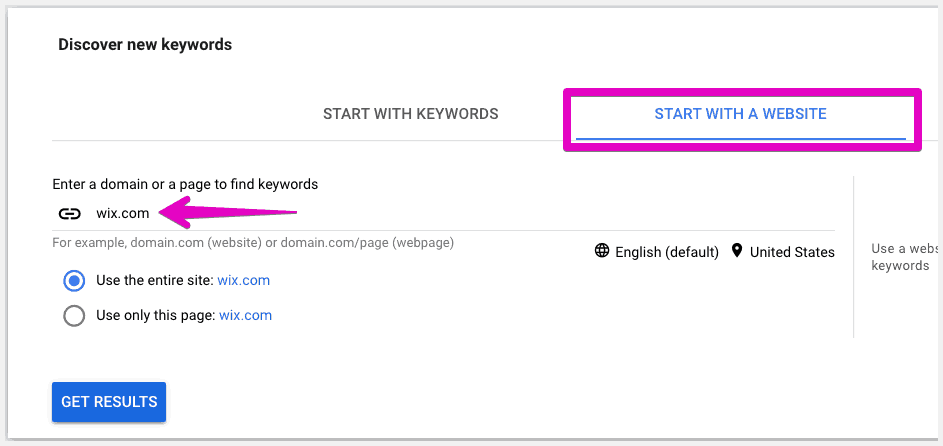 Google Keyword Planner's start with a website feature