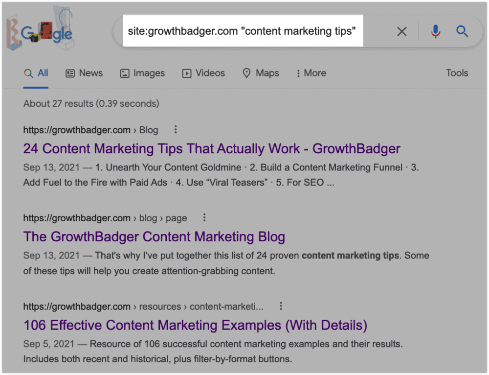 Google site search for internal linking opportunities