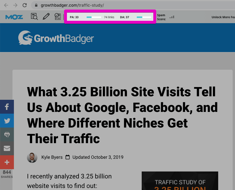 GrowthBadger traffic study post with MozBar highlighted