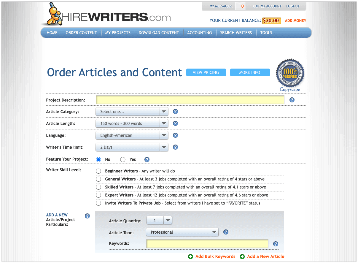Hirewriters ordering an article