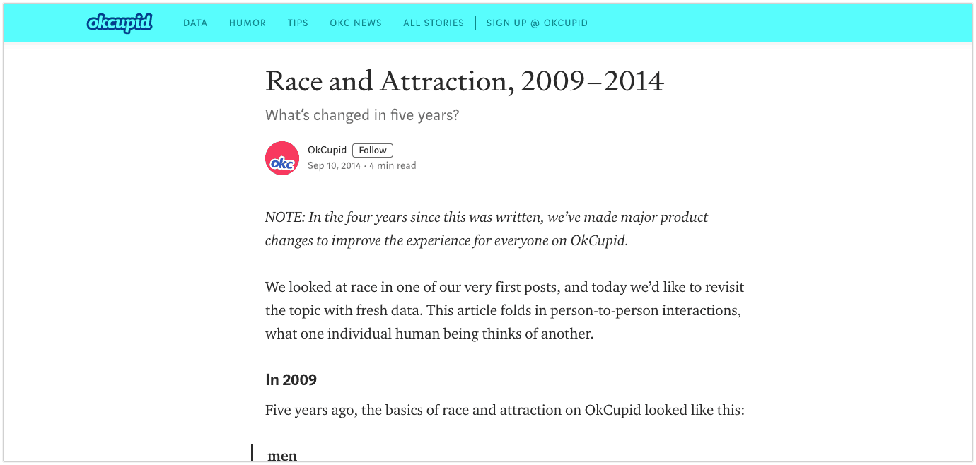 OkCupid's report Race and Attraction, 2009–2014