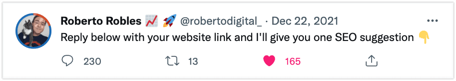 Roberto Robles tweet offering SEO tips