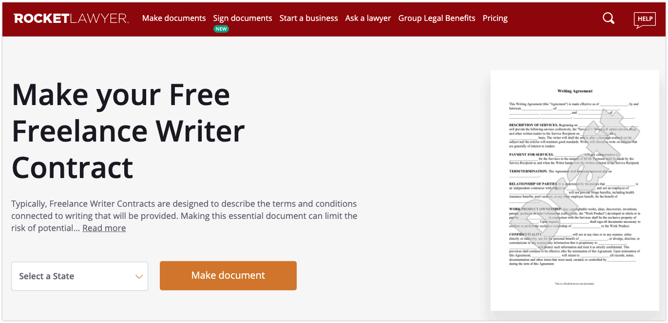 Rocketlawyer freelance writer contract
