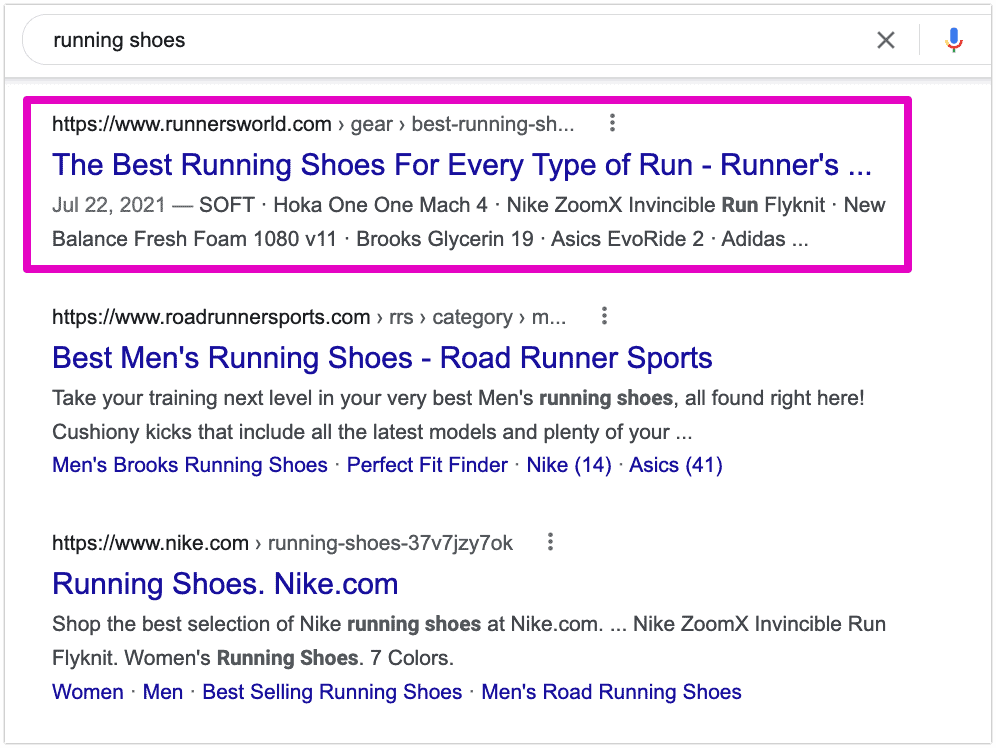 Search intent example for "running shoes"