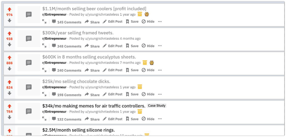 Screenshot of Starter Story's Reddit content marketing posts