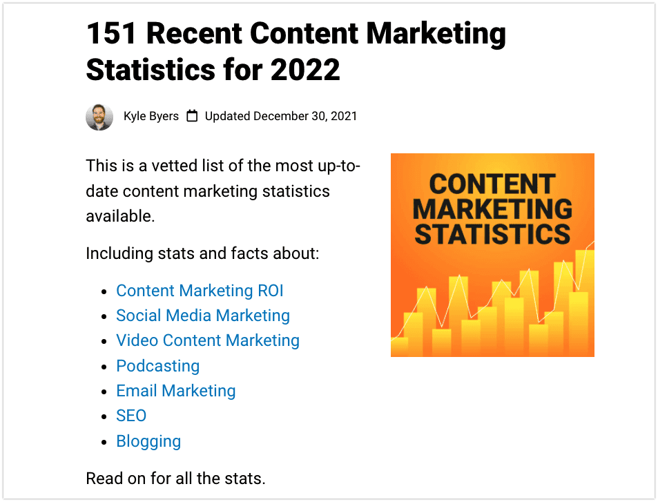 Table of contents exampls from content marketing stats post
