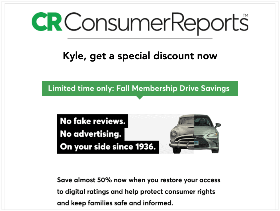 Consumer Reports promotional email with discount