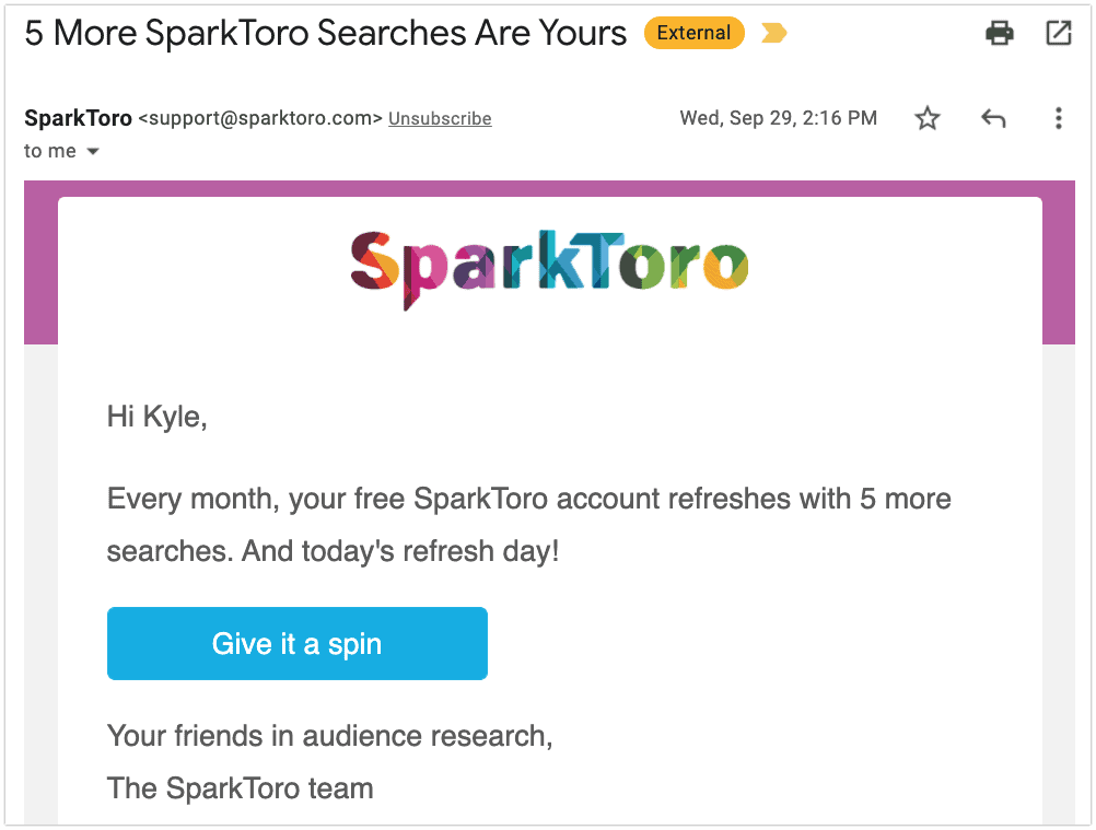 SparkToro usage notification email