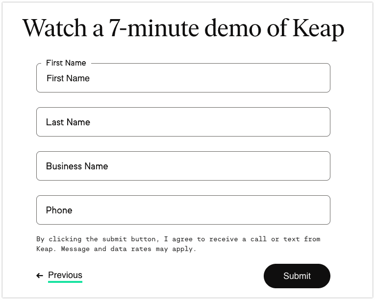 Keap's product demo video registration form
