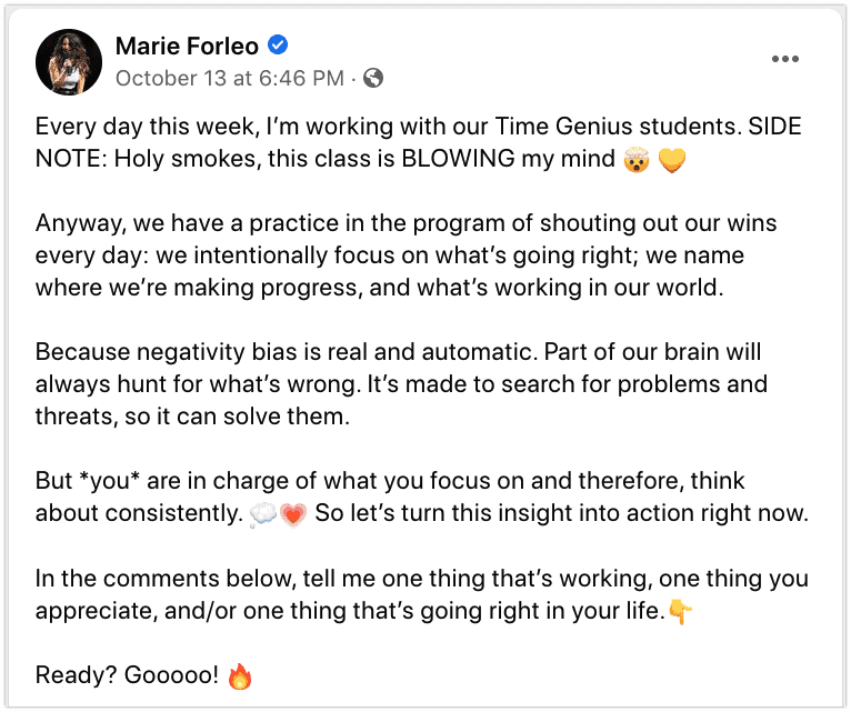 Marie Forleo poll post on Facebook